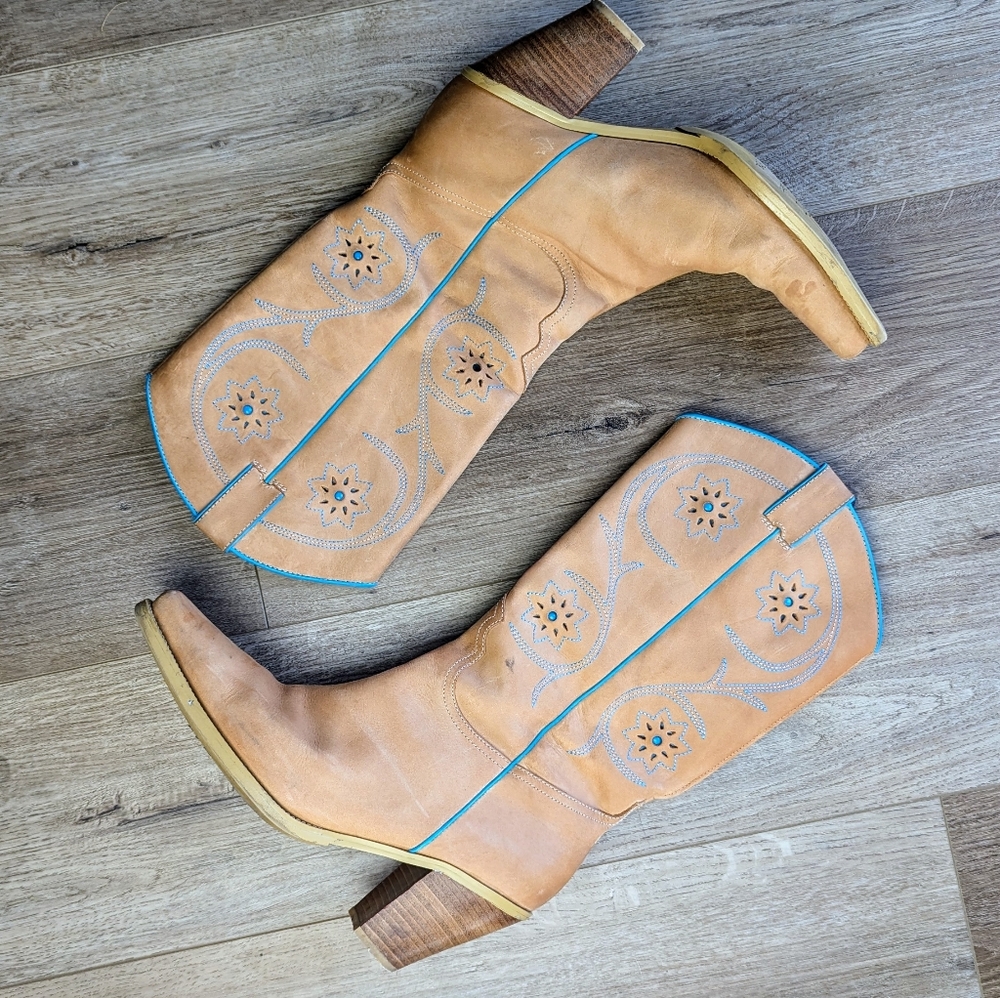 Franco Sarto Tulsa Womens Size 9.5  Brown Teal Floral  Cowboy Boots